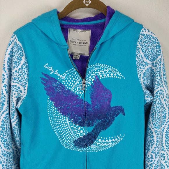 Lucky Brand Teal Purple Fuzzy Hoodie Paisley Bird - Picture 2 of 7